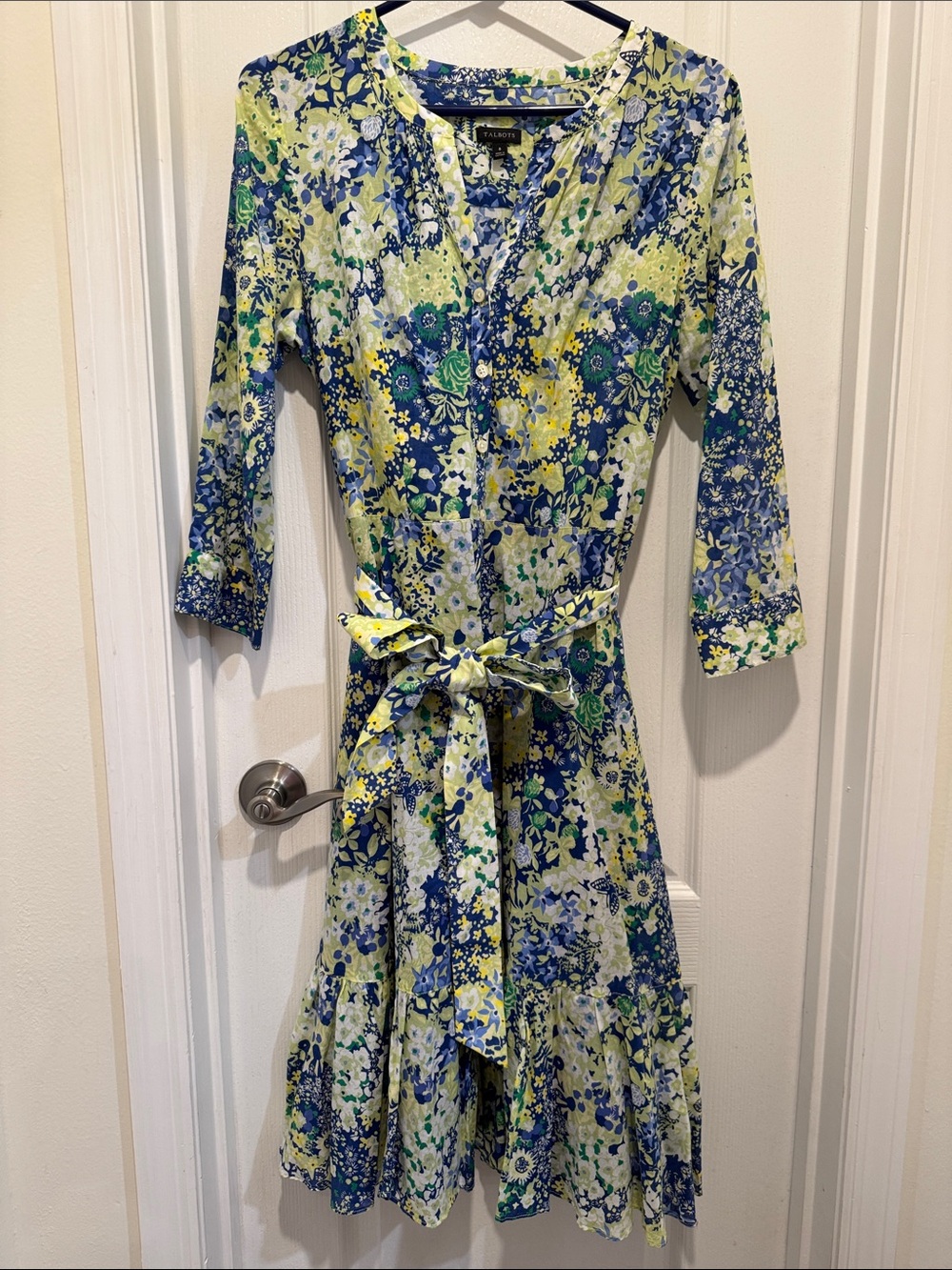 Talbots Blue and Yellow Floral Belted V-Neck Dress